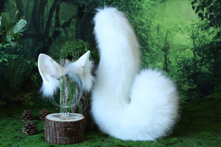 White faux fur shepherd dog tail and ear set Shiba Inu dog ear and tail anime cosplay therian puppy ear and tail puppy girl kemonomimi boy
