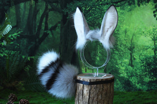 Gray white bunny ear and tail plug set bendable faux fur bunny ear cosplay rabbit ear and tail neko ear petplay ear bunny play anime cosplay