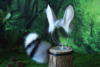 Gray white bunny ear and tail plug set bendable faux fur bunny ear cosplay rabbit ear and tail neko ear petplay ear bunny play anime cosplay