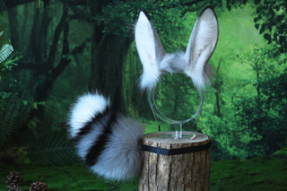 Gray white bunny ear and tail plug set bendable faux fur bunny ear cosplay rabbit ear and tail neko ear petplay ear bunny play anime cosplay
