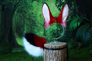 Realistic faux fur bunny ear and tail bendable bunny ear cosplay red black rabbit ear and tail neko ear petplay anime cosplay bunny kemonomimi