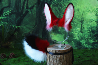 Realistic faux fur bunny ear and tail bendable bunny ear cosplay red black rabbit ear and tail neko ear petplay anime cosplay bunny kemonomimi
