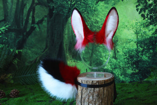 Realistic faux fur bunny ear and tail bendable bunny ear cosplay red black rabbit ear and tail neko ear petplay anime cosplay bunny kemonomimi