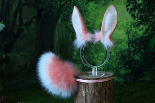 Pink white bunny ear and tail plug set bendable faux fur bunny ear cosplay rabbit ear and tail neko ear petplay ear bunny play anime cosplay