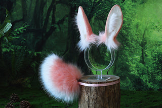 Pink white bunny ear and tail plug set bendable faux fur bunny ear cosplay rabbit ear and tail neko ear petplay ear bunny play anime cosplay