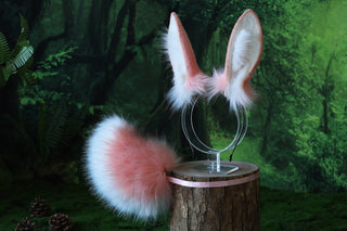 Pink white bunny ear and tail plug set bendable faux fur bunny ear cosplay rabbit ear and tail neko ear petplay ear bunny play anime cosplay
