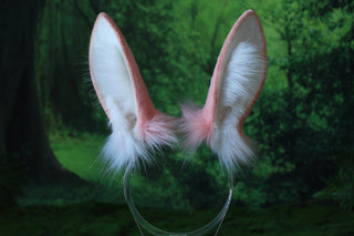 Pink white bunny ear and tail plug set bendable faux fur bunny ear cosplay rabbit ear and tail neko ear petplay ear bunny play anime cosplay