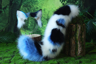 Realistic faux fur wolf ear and tail set blue splicing fox ear and tail anime cosplay cat ear and tail kitten therian fox tail kemonomimi