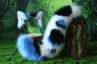 Realistic faux fur wolf ear and tail set blue splicing fox ear and tail anime cosplay cat ear and tail kitten therian fox tail kemonomimi