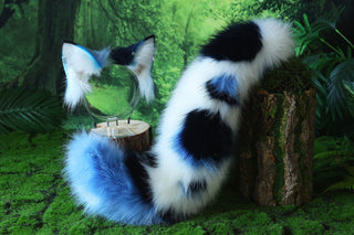 Realistic faux fur wolf ear and tail set blue splicing fox ear and tail anime cosplay cat ear and tail kitten therian fox tail kemonomimi