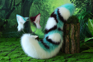 Realistic faux fur wolf ear and tail plug set light green splicing fox ear and tail anime cosplay cat ear and tail kitten therian fox tail kemonomimi