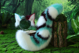 Realistic faux fur wolf ear and tail plug set light green splicing fox ear and tail anime cosplay cat ear and tail kitten therian fox tail kemonomimi