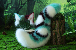 Realistic faux fur wolf ear and tail plug set light green splicing fox ear and tail anime cosplay cat ear and tail kitten therian fox tail kemonomimi