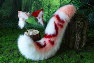 Realistic faux fur wolf ear and tail set pink splicing fox ear and tail anime cosplay cat ear and tail kitten therian fox tail kemonomimi
