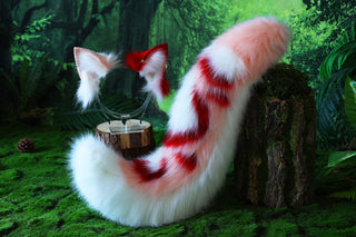 Realistic faux fur wolf ear and tail set pink splicing fox ear and tail anime cosplay cat ear and tail kitten therian fox tail kemonomimi