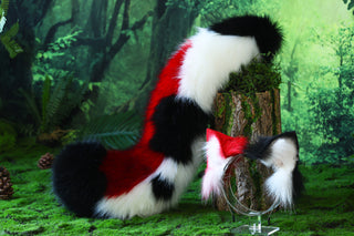 Faux fur cat tail and ear red white black kitten ear and tail anime cosplay therian fox ear and tail wolf ear and tail cat kemonomimi