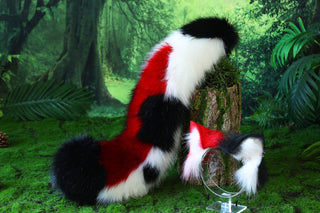 Faux fur cat tail and ear red white black kitten ear and tail anime cosplay therian fox ear and tail wolf ear and tail cat kemonomimi