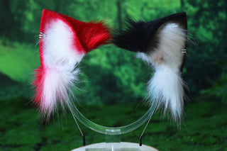 Faux fur cat tail and ear red white black kitten ear and tail anime cosplay therian fox ear and tail wolf ear and tail cat kemonomimi