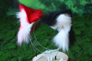 Faux fur cat tail and ear red white black kitten ear and tail anime cosplay therian fox ear and tail wolf ear and tail cat kemonomimi