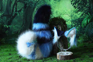 Blue white faux fur cat tail and ear set kitten ear and tail anime cosplay therian fox ear and tail wolf ear and tail cat kemonomimi kitten