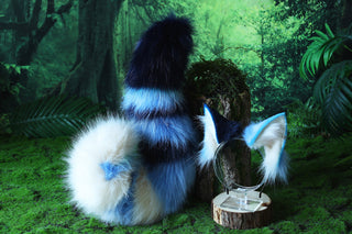 Blue white faux fur cat tail and ear set kitten ear and tail anime cosplay therian fox ear and tail wolf ear and tail cat kemonomimi kitten