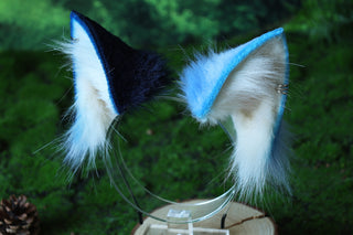 Blue white faux fur cat tail and ear set kitten ear and tail anime cosplay therian fox ear and tail wolf ear and tail cat kemonomimi kitten