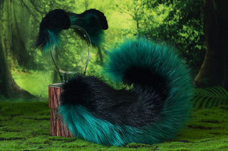 Black green shepherd dog tail and ear set faux fur shiba Inu dog ear and tail anime cosplay therian puppy ear and tail butt plug puppy girl kemonomimi