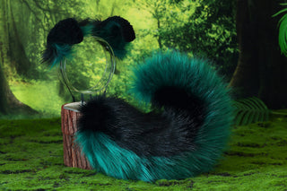 Black green shepherd dog tail and ear set faux fur shiba Inu dog ear and tail anime cosplay therian puppy ear and tail butt plug puppy girl kemonomimi