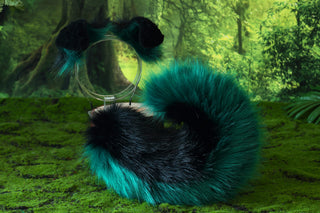Black green shepherd dog tail and ear set faux fur shiba Inu dog ear and tail anime cosplay therian puppy ear and tail butt plug puppy girl kemonomimi