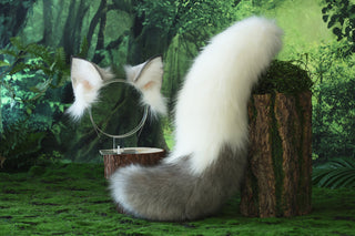 White gray faux fur fox ear and tail butt plug wolf tail and ear cat tail and ear kitten ear and tail anime cosplay fox kemonomimi wolf therian petplay