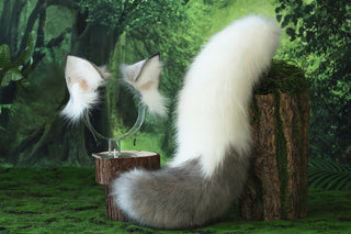 White gray faux fur fox ear and tail butt plug wolf tail and ear cat tail and ear kitten ear and tail anime cosplay fox kemonomimi wolf therian petplay