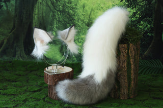White gray faux fur fox ear and tail butt plug wolf tail and ear cat tail and ear kitten ear and tail anime cosplay fox kemonomimi wolf therian petplay