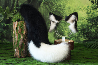 Black white faux fur fox ear and tail butt plug wolf tail and ear cat tail and ear kitten ear and tail anime cosplay fox kemonomimi wolf therian petplay