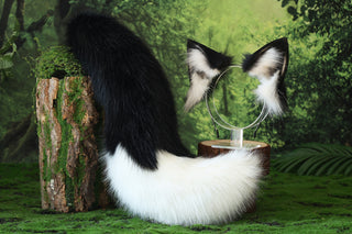 Black white faux fur fox ear and tail butt plug wolf tail and ear cat tail and ear kitten ear and tail anime cosplay fox kemonomimi wolf therian petplay