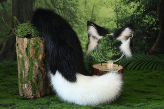 Black white faux fur fox ear and tail butt plug wolf tail and ear cat tail and ear kitten ear and tail anime cosplay fox kemonomimi wolf therian petplay