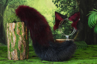 Wine Red white faux fur fox ear and tail butt plug wolf tail and ear cat tail and ear kitten ear and tail anime cosplay fox kemonomimi wolf therian petplay