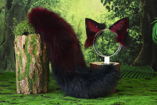 Wine Red white faux fur fox ear and tail butt plug wolf tail and ear cat tail and ear kitten ear and tail anime cosplay fox kemonomimi wolf therian petplay