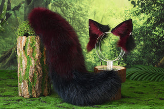 Wine Red white faux fur fox ear and tail butt plug wolf tail and ear cat tail and ear kitten ear and tail anime cosplay fox kemonomimi wolf therian petplay
