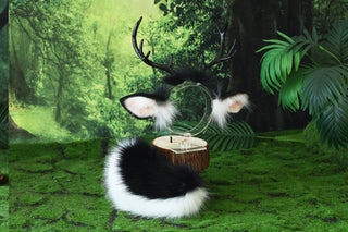 Black white faux fur deer costume ears and tail deer kemonomimi deer cosplay deer ears with horns therian anime cosplay christmas gift birthday deer tail butt plug