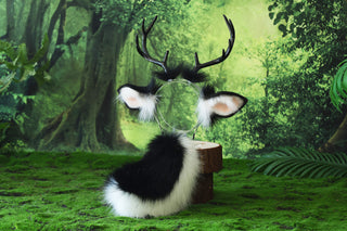 Black white faux fur deer costume ears and tail deer kemonomimi deer cosplay deer ears with horns therian anime cosplay christmas gift birthday deer tail butt plug