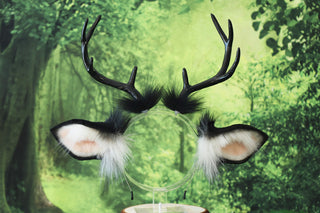Black white faux fur deer costume ears and tail deer kemonomimi deer cosplay deer ears with horns therian anime cosplay christmas gift birthday deer tail butt plug