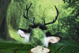 Black white faux fur deer costume ears and tail deer kemonomimi deer cosplay deer ears with horns therian anime cosplay christmas gift birthday deer tail butt plug