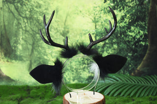 Black white faux fur deer costume ears and tail deer kemonomimi deer cosplay deer ears with horns therian anime cosplay christmas gift birthday deer tail butt plug