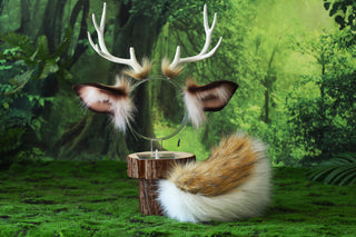 Faux fur deer costume ears and tail deer kemonomimi deer cosplay brown deer ears with horns therian anime cosplay christmas gift birthday deer tail butt plug