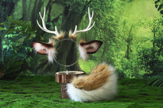 Faux fur deer costume ears and tail deer kemonomimi deer cosplay brown deer ears with horns therian anime cosplay christmas gift birthday deer tail butt plug