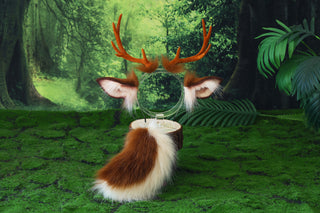 Faux fur deer costume ears and tail deer kemonomimi deer cosplay brown deer ears with horns therian anime cosplay christmas gift birthday deer tail butt plug