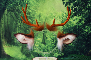 Faux fur deer costume ears and tail deer kemonomimi deer cosplay brown deer ears with horns therian anime cosplay christmas gift birthday deer tail butt plug