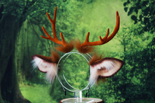 Faux fur deer costume ears and tail deer kemonomimi deer cosplay brown deer ears with horns therian anime cosplay christmas gift birthday deer tail butt plug