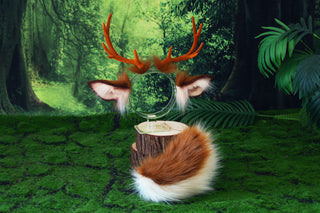 Faux fur deer costume ears and tail deer kemonomimi deer cosplay brown deer ears with horns therian anime cosplay christmas gift birthday deer tail butt plug