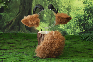 Faux fur sheep costume ears and tail goat kemonomimi sheep cosplay brown sheep ears with horns therian anime cosplay christmas gift birthday goat ear and tail butt plug
